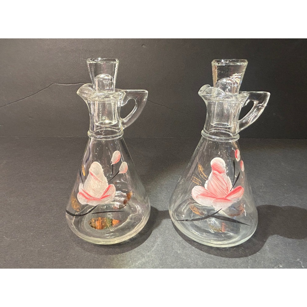 Mid Century Modern 1950s Hazel Atlas Clear Glass Cruet Set – Pink Floral & Gold